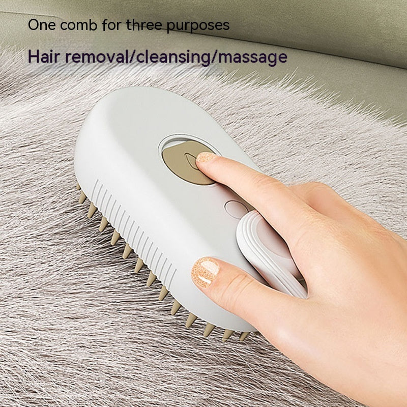 Hand using a multi-purpose comb on fur with text indicating its uses.
