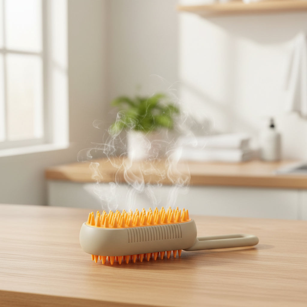 Pet grooming brush with orange bristles and beige handle on a white background