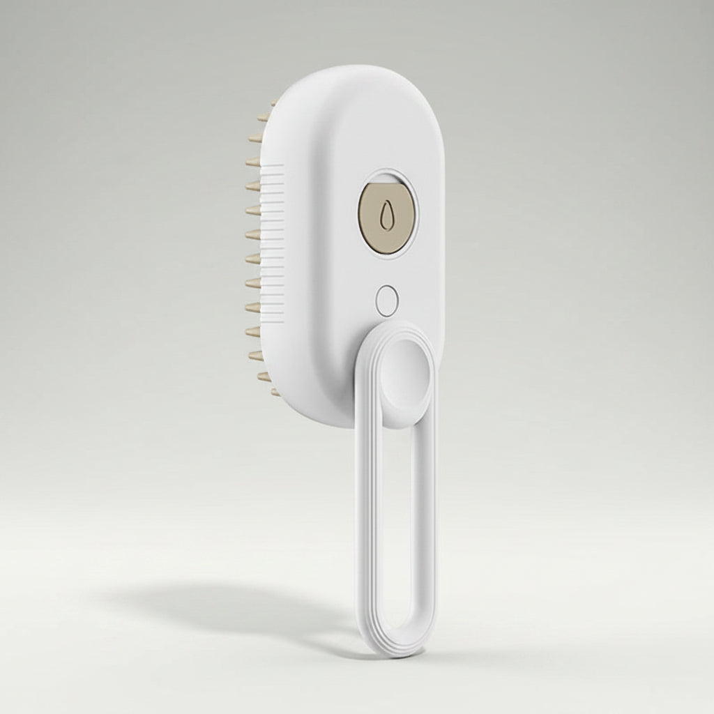 A white electric hairbrush with a hanging loop handle and a gold-colored power button, shown against a solid white background.