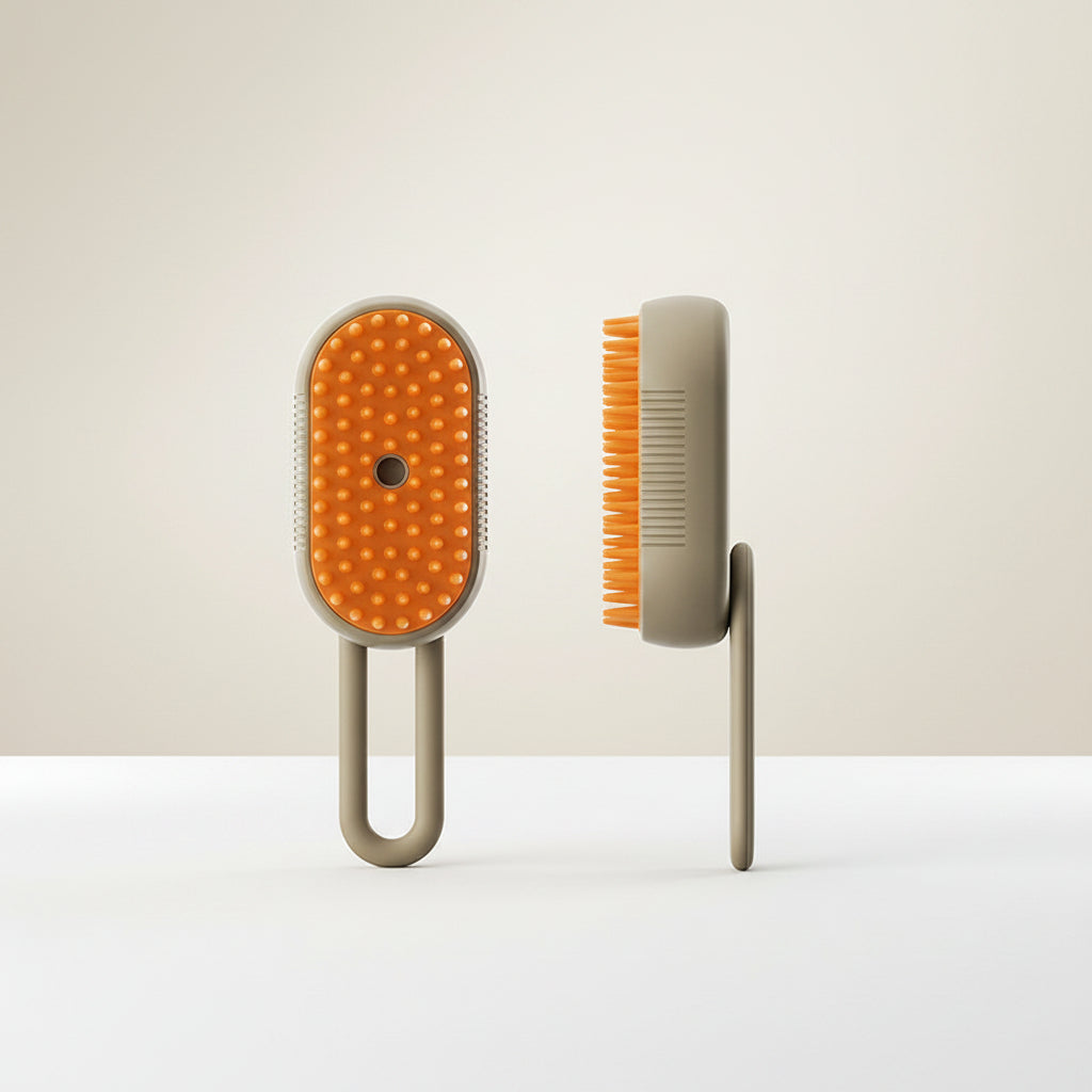 Product parameters of a grooming brush with dimensions and packaging details on a white background.