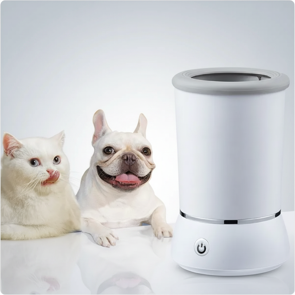 Automatic foot-washing pedicure cup with a dog and cat on a blue background