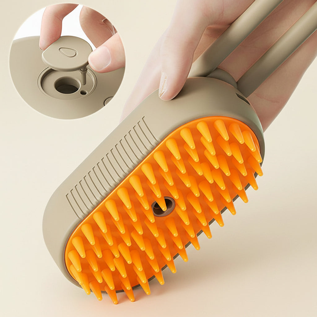 Pet grooming brush with orange bristles being used on a surface, close-up of the brush head.