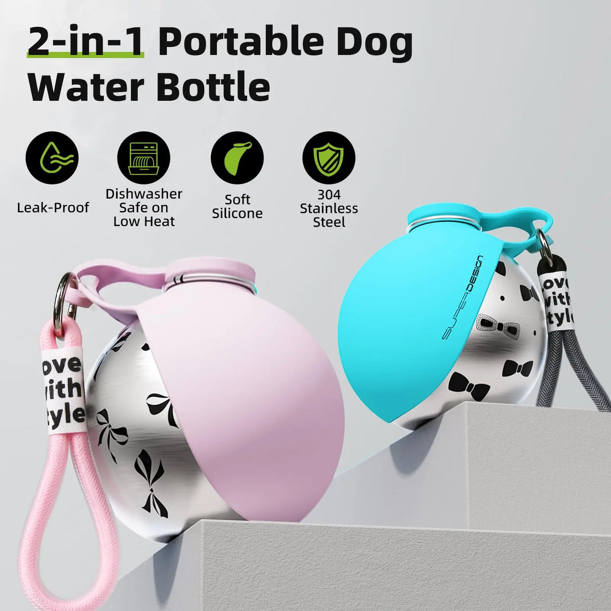 2-in-1 Stainless Steel Dog Water Bottle