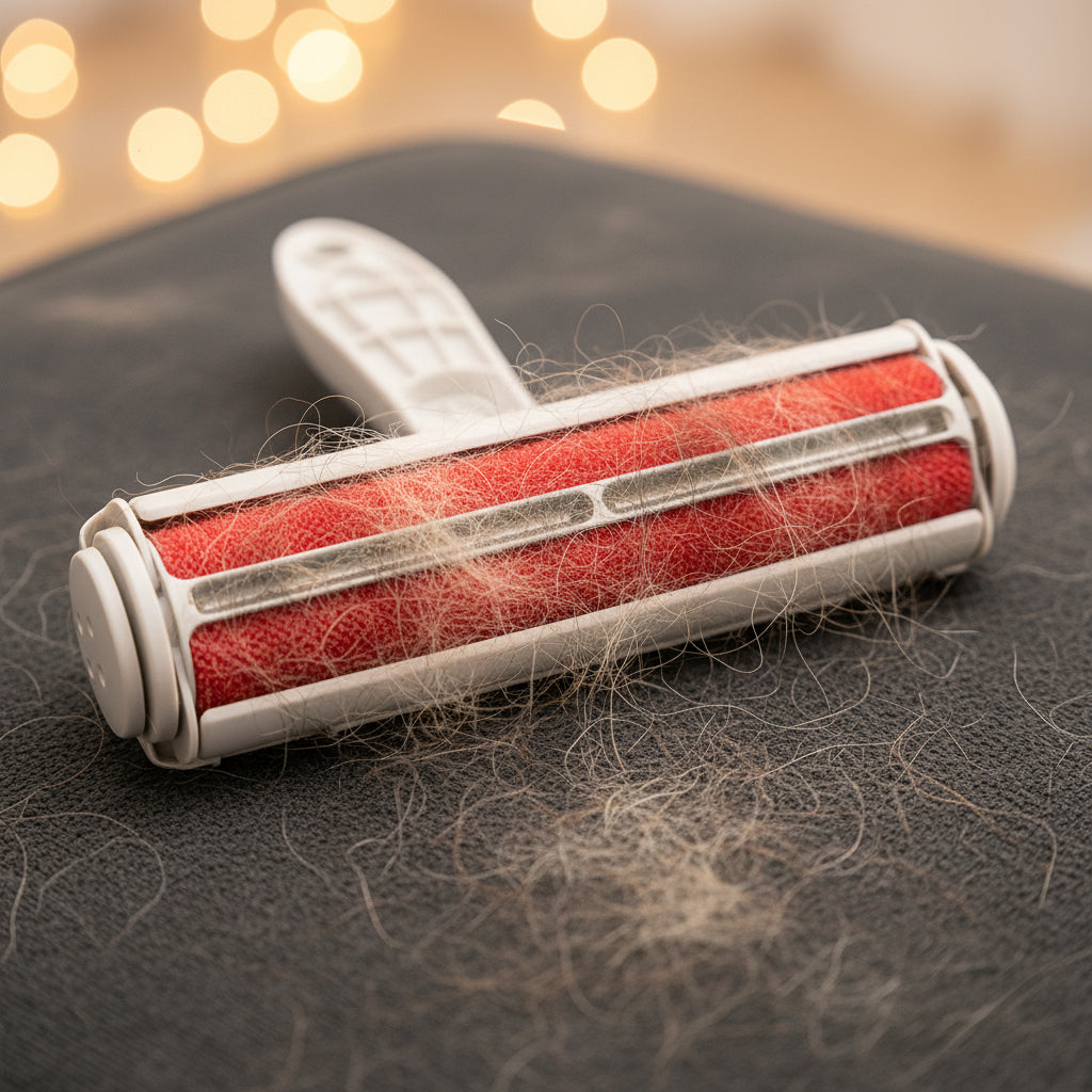Cleaning roller with red bristle pad and white handle on a white background