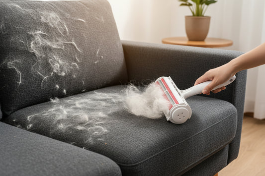 Cleaning roller with red bristle pad and white handle on a white background