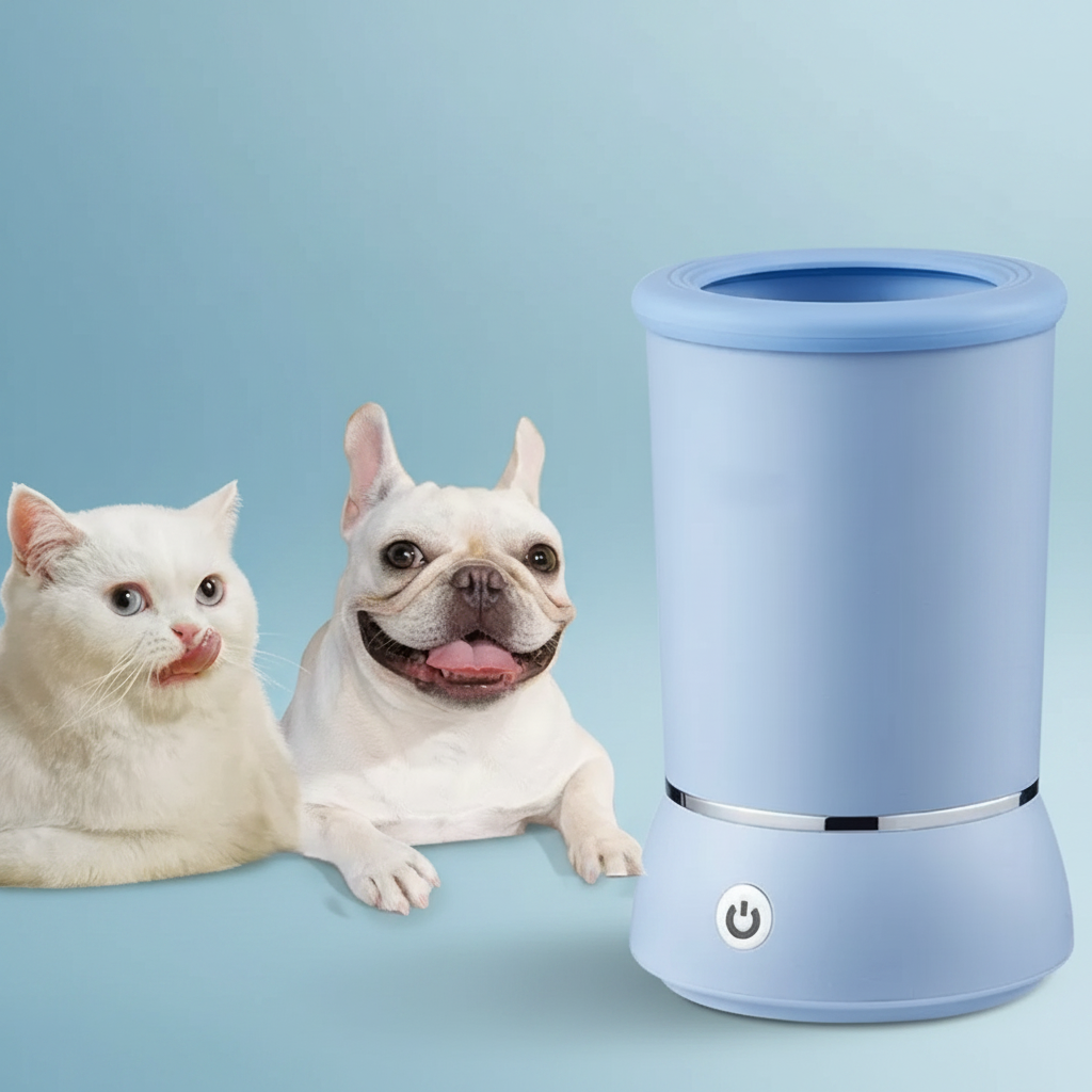 Automatic foot-washing pedicure cup with a cat and dog on a blue background